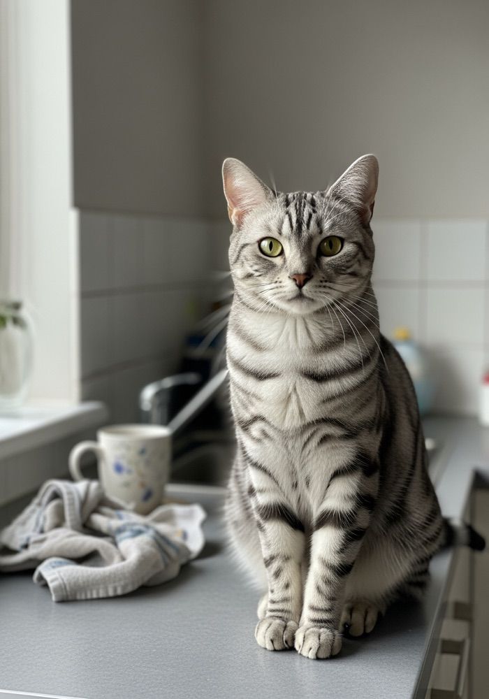 A phone photo of a silver tabby on a kitchen worktop