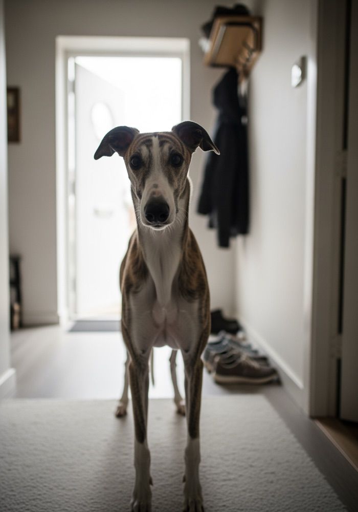 A phone photo of a sighthound in a hallway