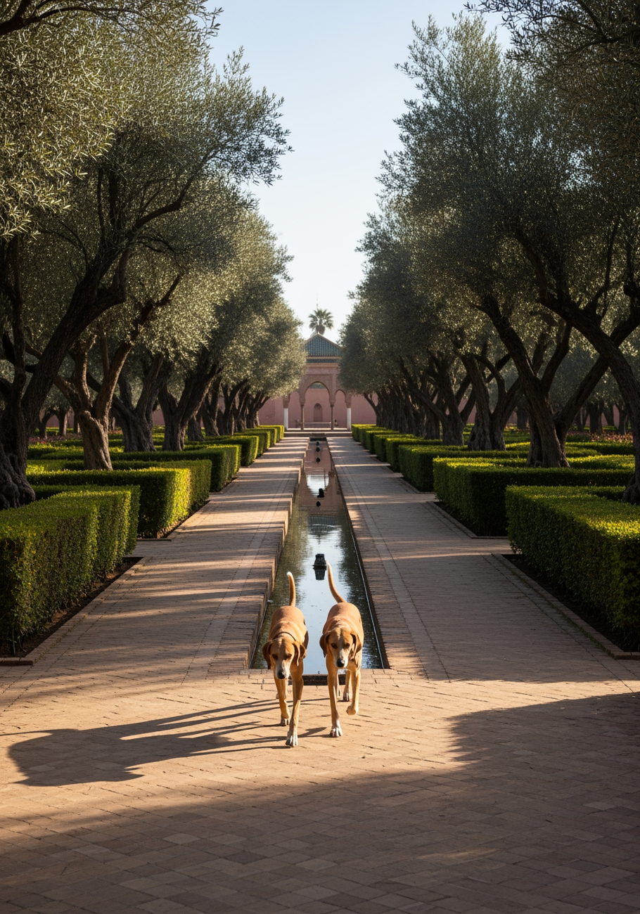 Two hounds walking down an avenue of olive trees