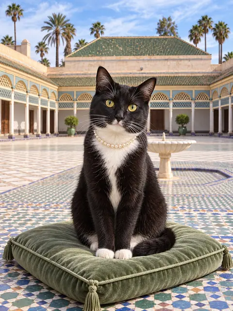Studio example: tuxedo cat in the courtyard of Bahia Palace